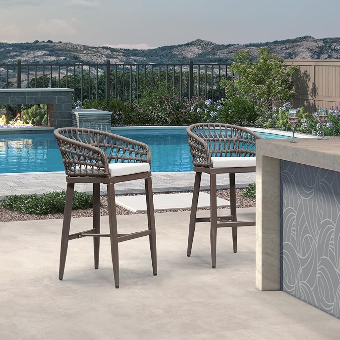 PURPLE LEAF Outdoor Rattan 29" Bar Stools Set of 2, Modern Boho Aluminum Patio - Image 2