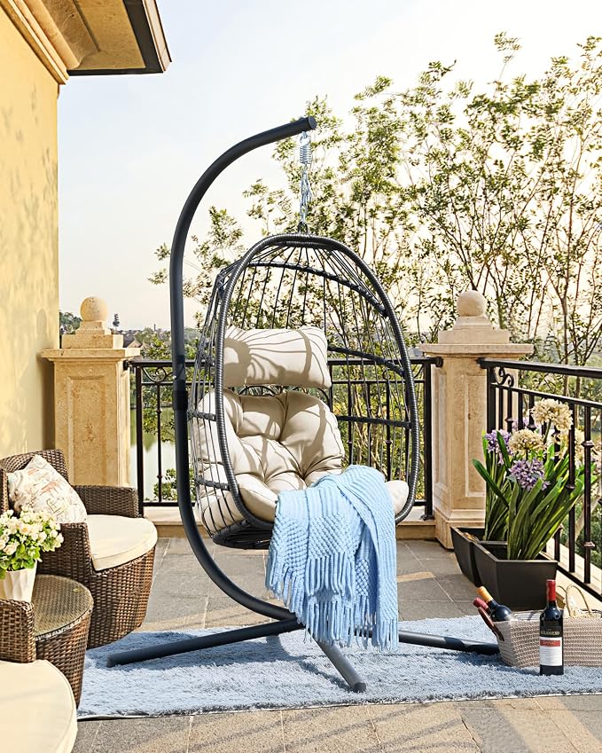 FREDEES Egg Swing Chair with Stand, Outdoor Hanging Egg Chair with Cushion - Image 8