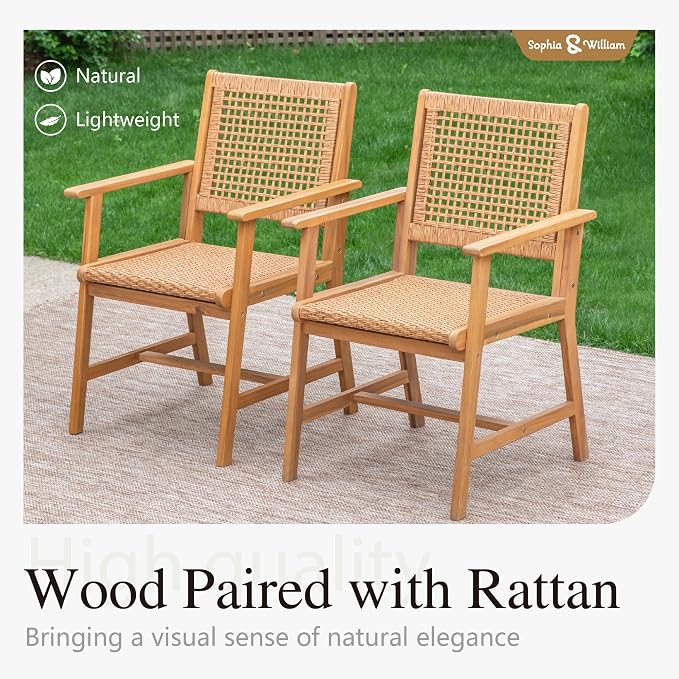 Sophia & William Patio Dining Chairs Outdoor 2 Pieces Hand Woven Wooden Rattan - Image 7