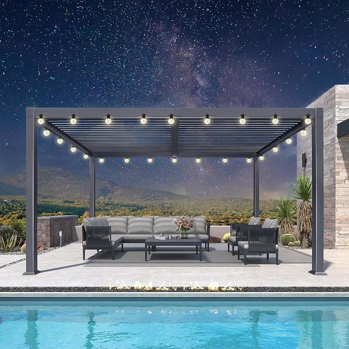 PURPLE LEAF Louvered Pergola w/Light 10' x 14' Aluminum Outdoor Pergola by Unknown