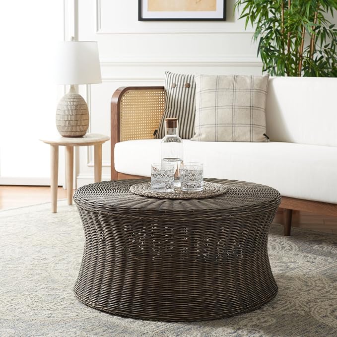 SAFAVIEH Home Collection Ruxton Dark Brown Rattan Round Coffee Table Ottoman - Image 2