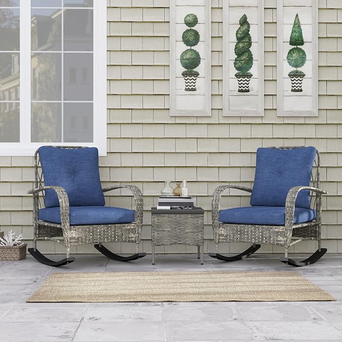 Outsunny 3 Piece Wicker Patio Furniture Set, PE Rattan Rocking Chairs - Image 9