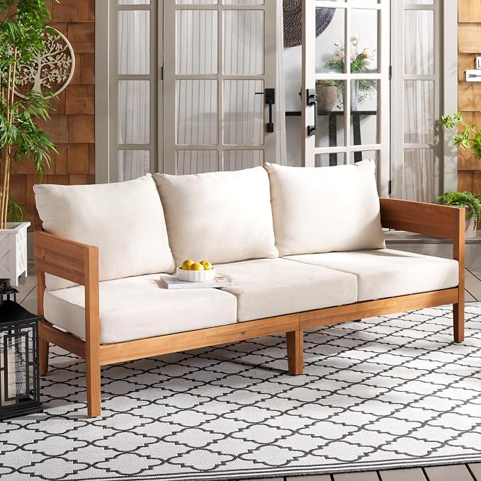 SAFAVIEH Outdoor Collection Theo Natural Teak Solid Wood/Taupe Cushion 3-Seater - Image 2