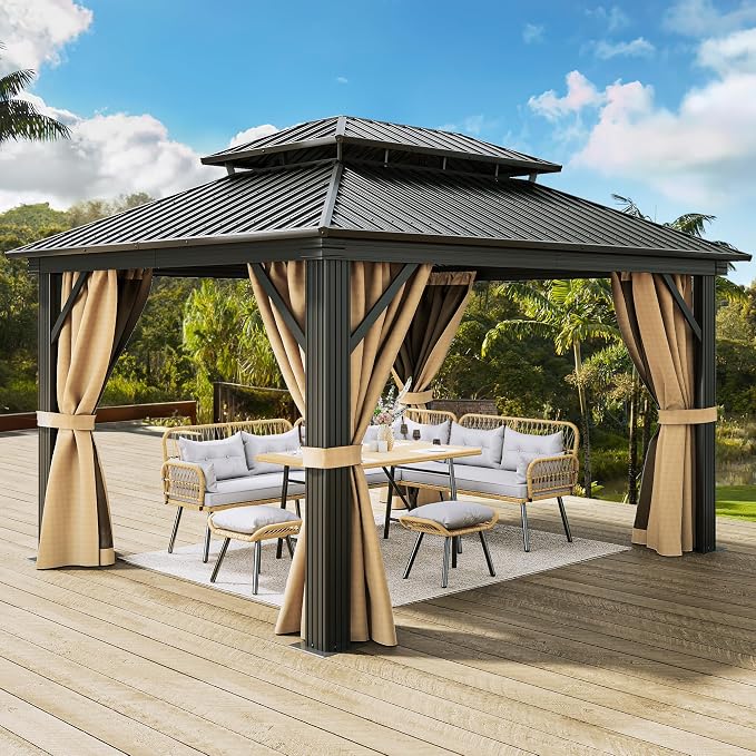 YITAHOME 12x14ft Gazebo Hardtop Double Roof Outdoor Heavy Duty w/Nettings and - Image 9