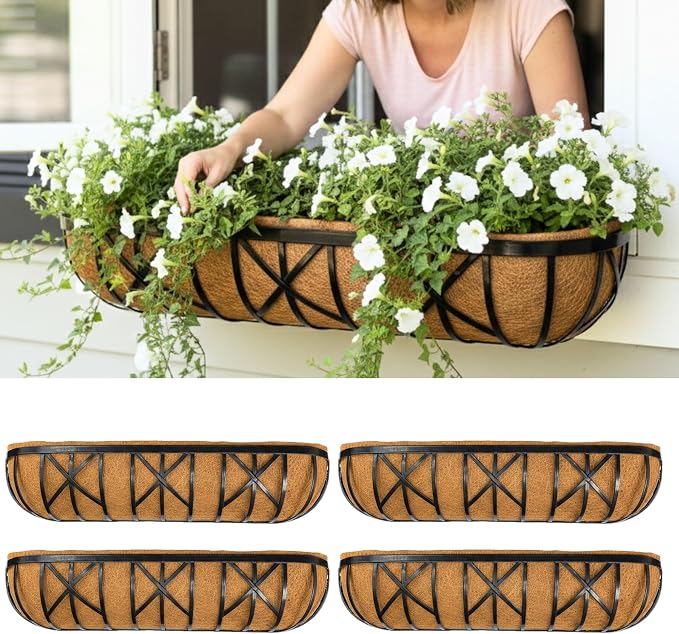 LaLaGreen 36 Inch, 4 Pack Window Boxes Planters – Large Black Metal Window Boxes by L%C3%A1L%C3%A1Green