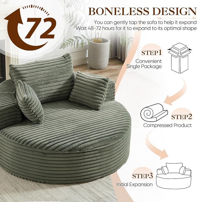 Oversized Round Chaise Longue Chair Indoor, Modern 55-inch Upholstered Corduroy - Image 6