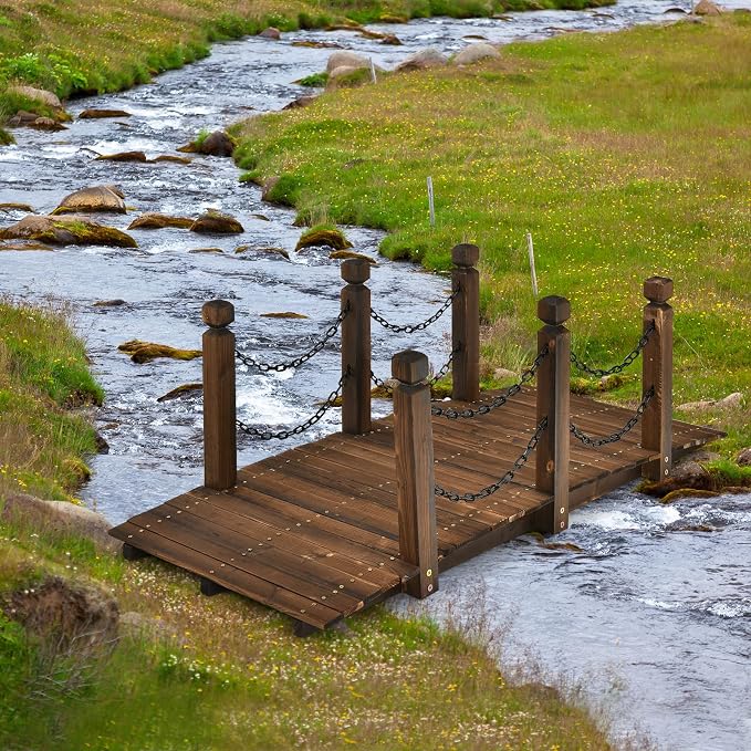 Tangkula 5 FT Wooden Garden Bridge, Arc Footbridge w/Safe Chain Railings - Image 3