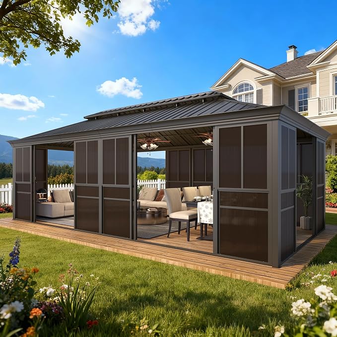 EROMMY 12' X 24' Hardtop Sunroom, Galvanized Steel Double Roof Gazebo Solarium by EROMMY