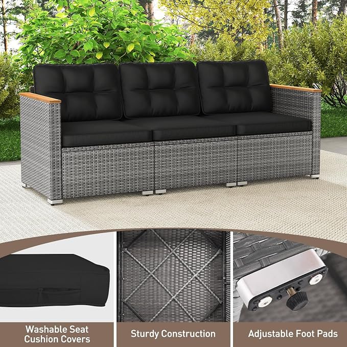 Tangkula 3-Seat Patio Wicker Couch Sofa, Outdoor 3 Seater Rattan Furniture Set - Image 6