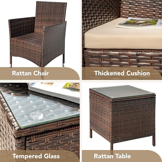 Devoko Patio Porch Furniture Sets 3 Pieces PE Rattan Wicker Chairs - Image 7