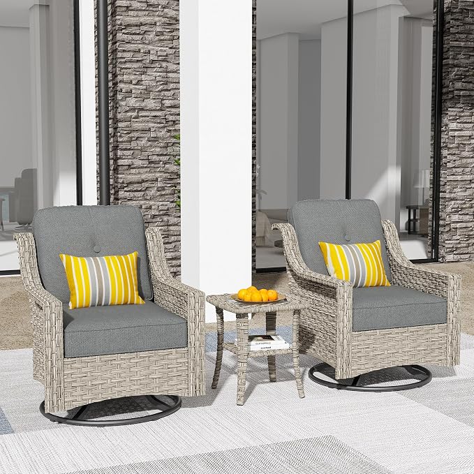 HOOOWOOO 3 Piece Patio Furniture Bistro Sets, Outdoor Wicker Swivel Rocking by DesignforBetterLife