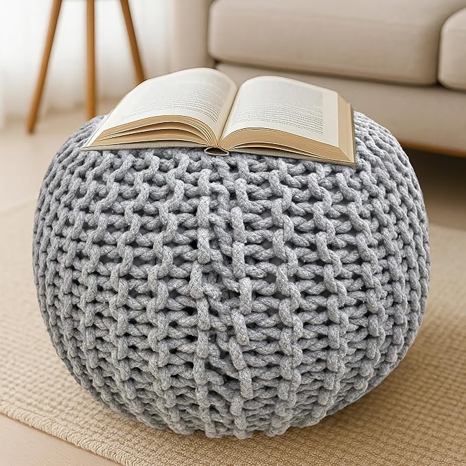 Palisa Round Ottoman Pouf Handmade Cotton Knitted Poof Bean Bag Filling | Boho - Image 5