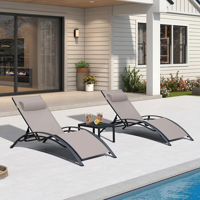 PURPLE LEAF Patio Chaise Lounge Set of 3 Outdoor Lounge Chair Beach Pool - Image 3