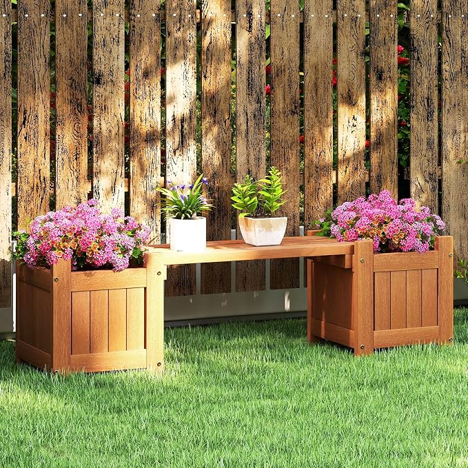 HAPPYGRILL Outdoor Bench with 2 Raised Garden Beds, 2-in-1 Outdoor Planter Box - Image 9