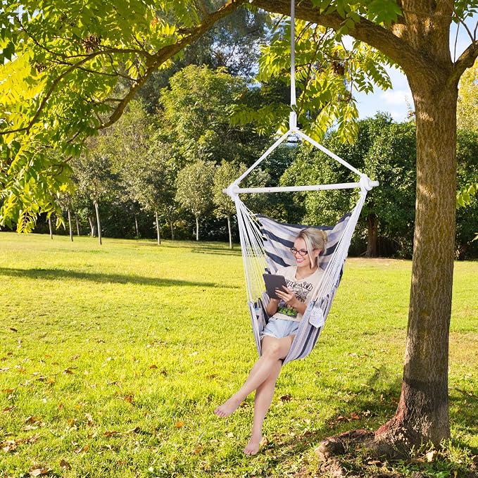 Backyard Expressions Striped Hammock Chair Hanging Rope Swing Chair, Anti Slip - Image 3
