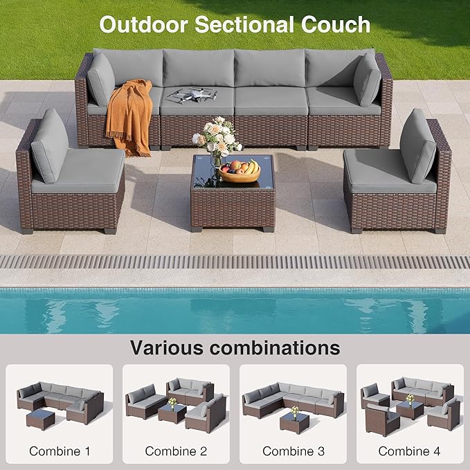 7 Pieces Outdoor Patio Furniture Set, PE Rattan Outdoor Wicker Sectional - Image 5