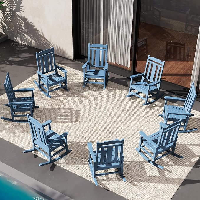 SERWALL HDPE Outdoor Rocking Chair Blue Set of 8, All Weather Patio Rocking by SERWALL