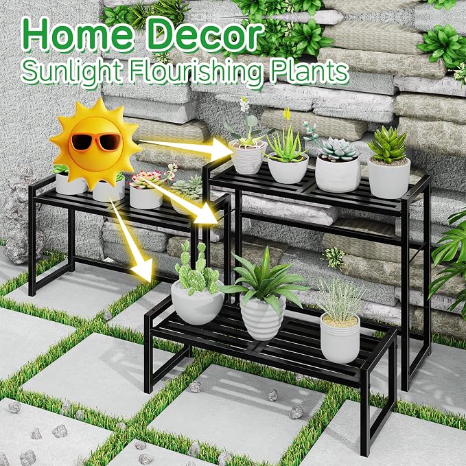 3-Tier Metal Plant Stand, Heavy Duty Waterproof Indoor Outdoor Stackable Shelf - Image 5