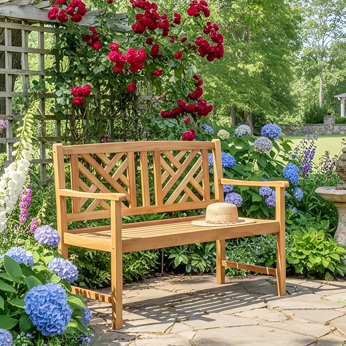 Tangkula Patio Acacia Wood Bench, 2-Person Outdoor Loveseat Chair, Cozy Armrest - Image 2