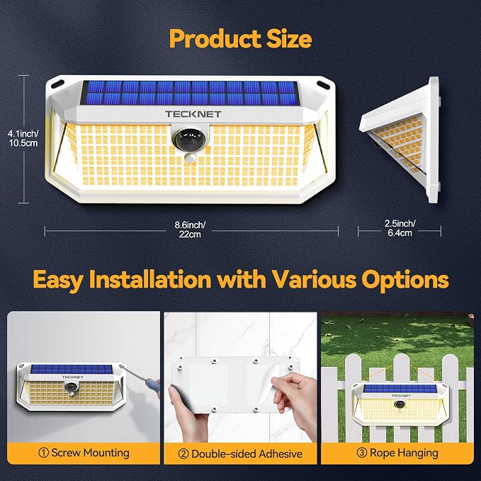 TECKNET 461 LED Solar Powered Outdoor Lights, 270° Angle & 3 Lighting Modes - Image 7