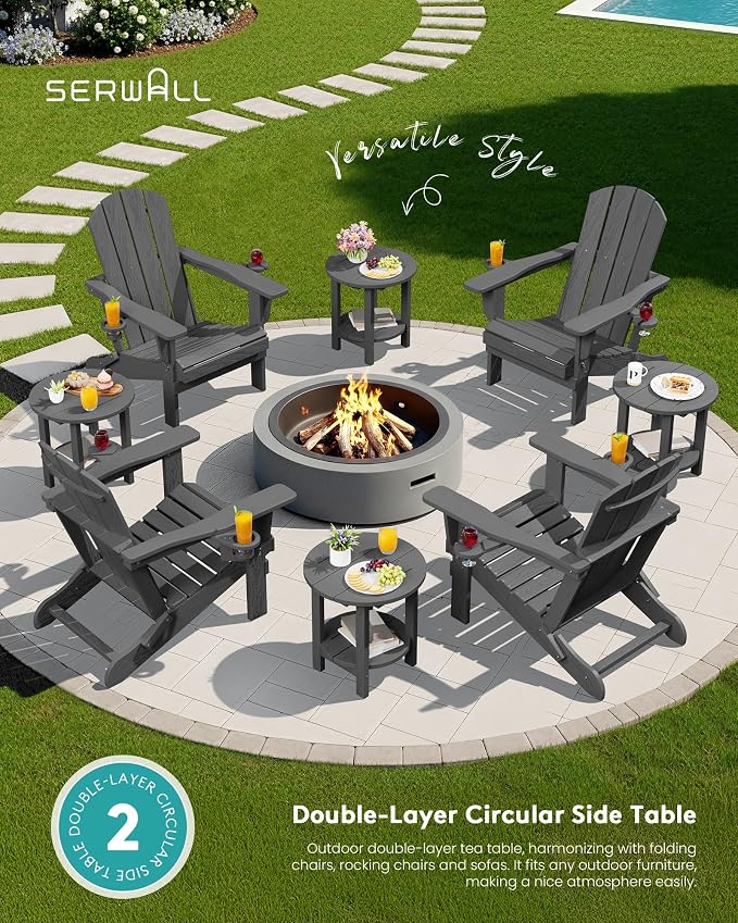 SERWALL Round Outdoor Side Table, HDPE Small Adirondack End Table, 2-Tier Patio - Image 9
