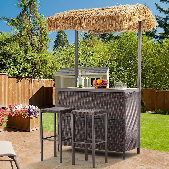 HOMREST Outdoor Tiki Bar Set, 3 Pieces Wicker Patio Bar Set w/2 Height Stools - Image 8