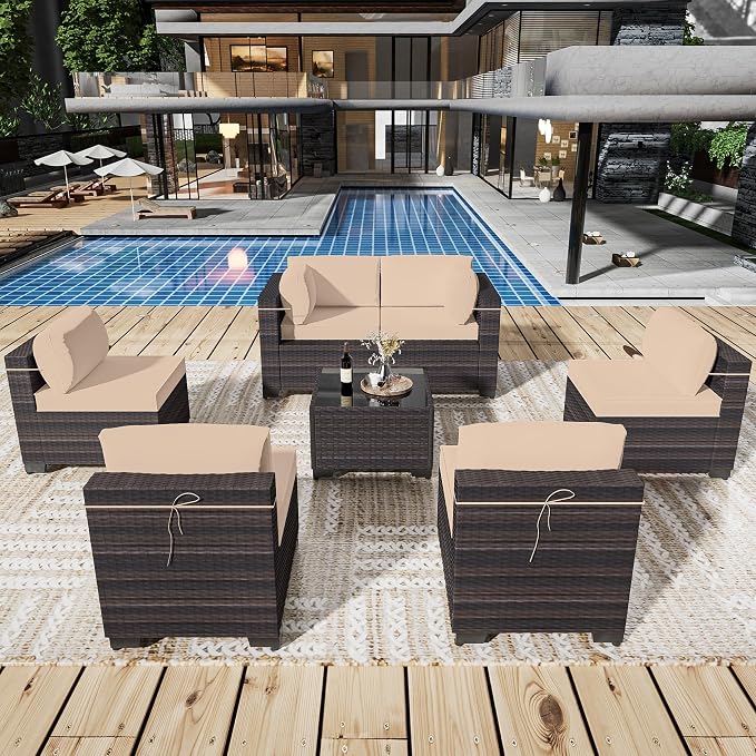 Outdoor Patio Furniture Set, 7 Pieces Outdoor Sectional Furniture Patio Sofa by ASJMR