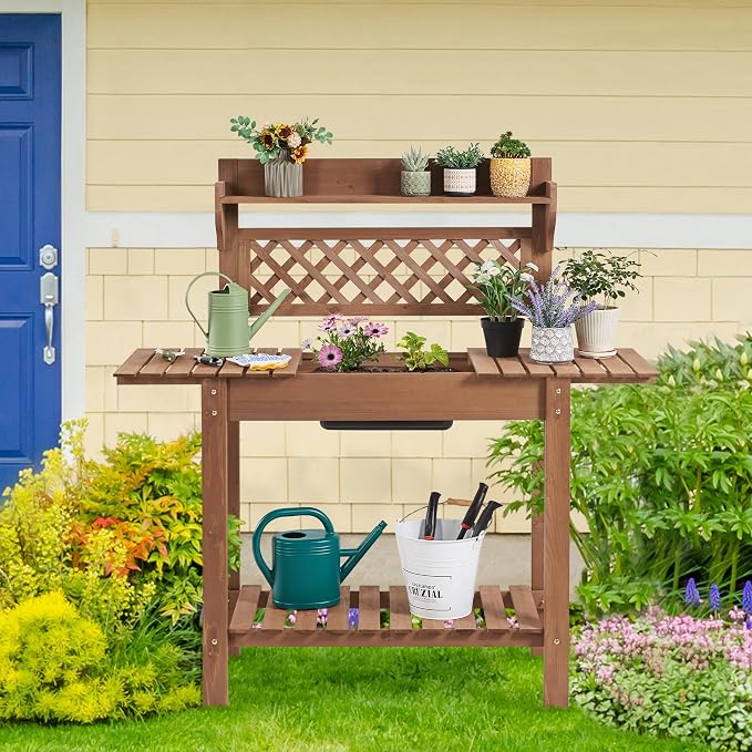 Yaheetech Potting Bench Table Outdoor Garden Horticulture Wooden Workstation - Image 8