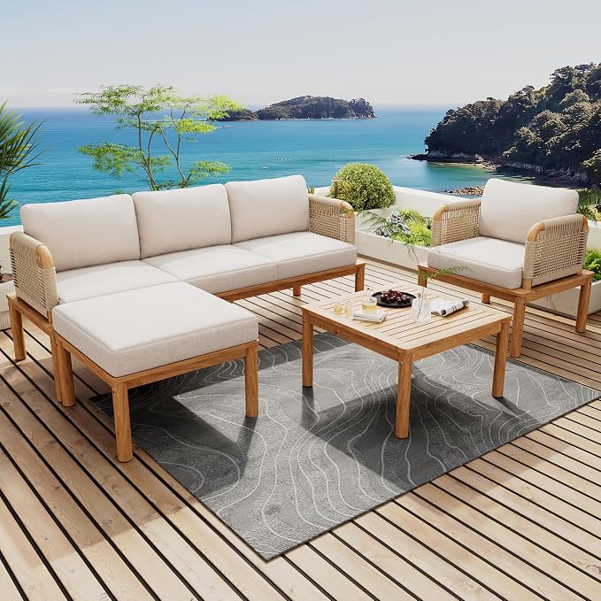 4-Piece Acacia Wood and Rope Patio Sofa Set, Outdoor Conversation Set by JIVOIT