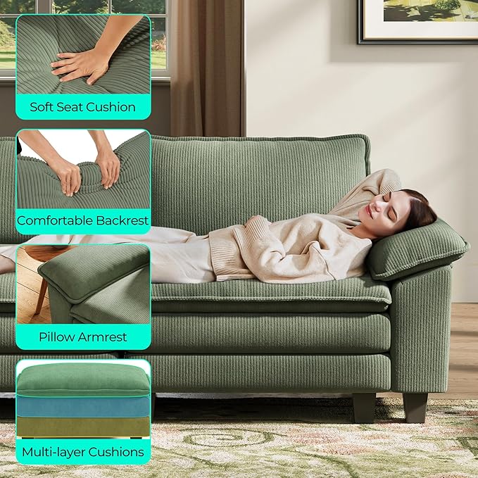 LINSY HOME 123'' Modular Sectional Sofa Green Couch Corduroy Cloud Couches - Image 3
