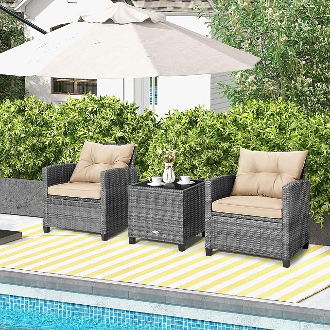 Tangkula 3 Pieces Wicker Patio Furniture Set, Outdoor Rattan Conversation - Image 3