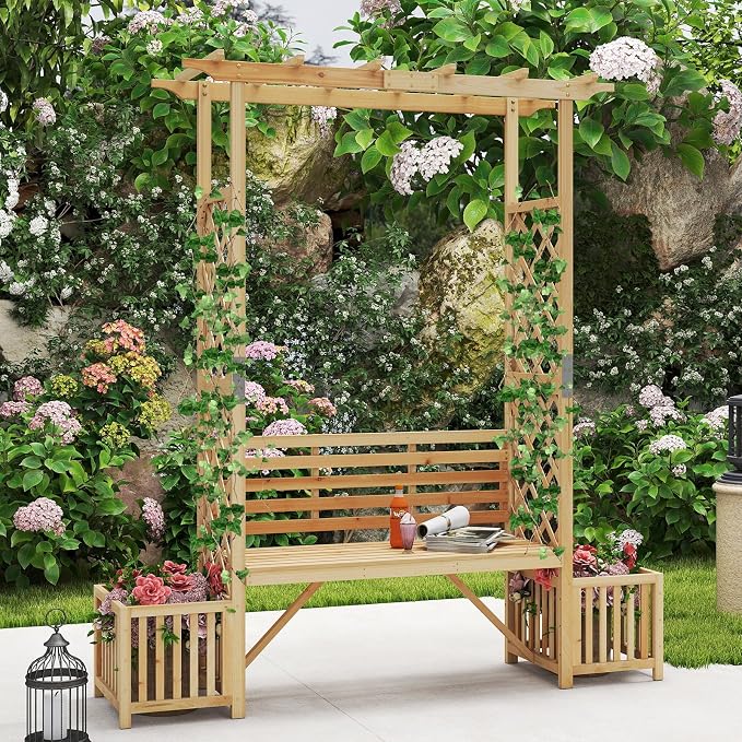 Giantex Outdoor Bench with Garden Arbor & 2 Planter Boxes, Wooden Trellis - Image 9