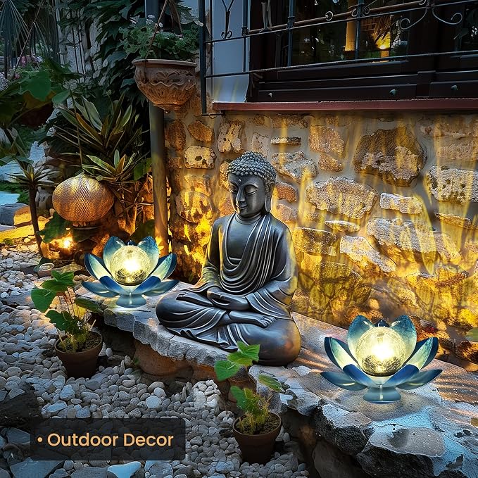 GIGALUMI Solar Light Outdoor Garden Decor, Lotus Flower Light Crackle Globe - Image 5