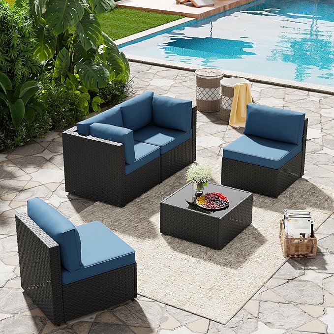 SUNLEI 5 Piece Patio Furniture Sets, Low Back All-Weather Rattan Sectional Sofa - Image 7
