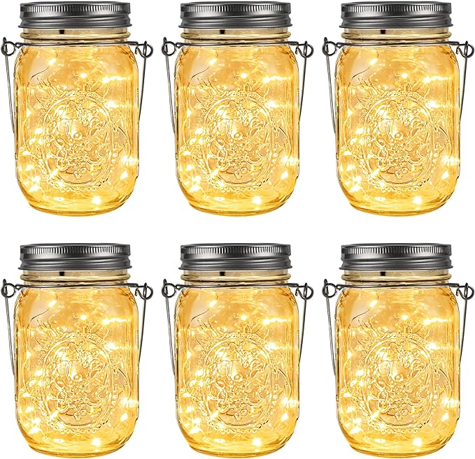 GIGALUMI Hanging Mason Jar Solar Lights, 6 Pack 30 Led Tinplate Lids Hanging by GIGALUMI