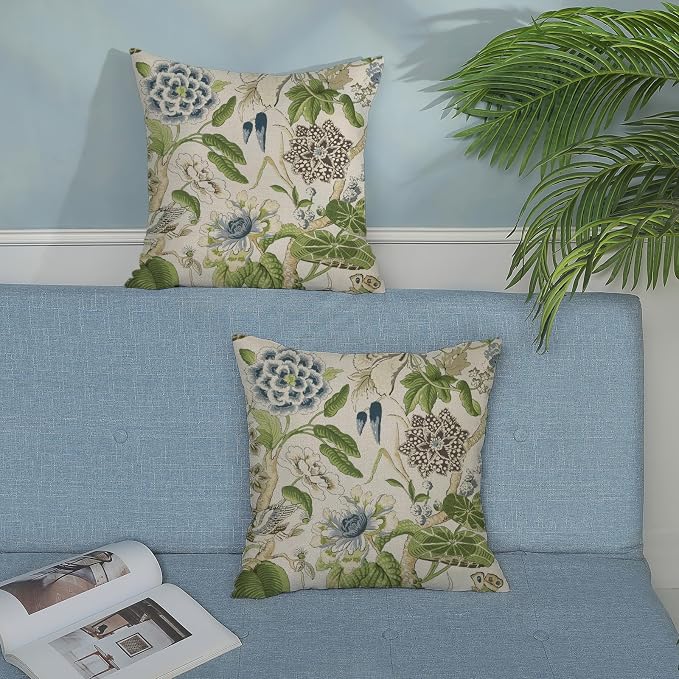 Sage Green Boho Pillow Covers 20x20 Inch 2 Pcs Blue Green Vintage Floral Bird - Image 3