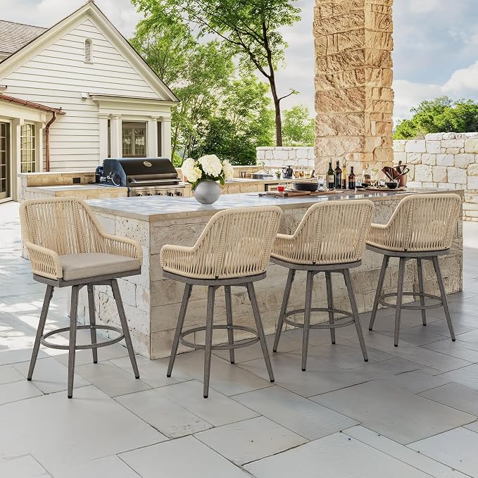 Outdoor Bar Stools Set of 4, 360° Swivel Aluminum Rattan Bar Stool by COZYMAN