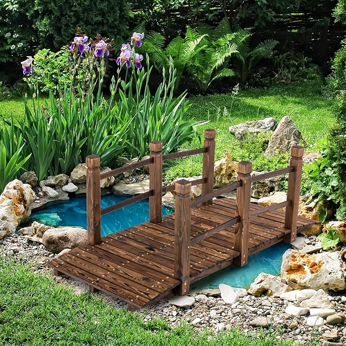 Tangkula 5 FT Wooden Garden Bridge, Arch Stained Finish Footbridge - Image 2