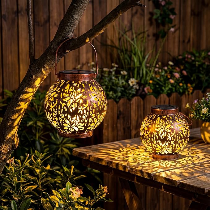 JOIEDOMI 2 Pack Outdoor Solar Hanging Lantern Lights, Waterproof Tabletop by Joiedomi