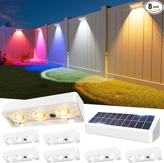 Solar Fence Lights Outdoor, 8 Pack, 9 Fixed Colors ＆ Color Changing LED Light by JOFIOS