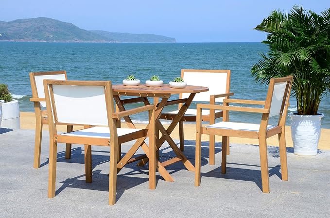 Safavieh Outdoor Collection Chante Teak 35.4" Round Table 5 Piece Dining Set - Image 3