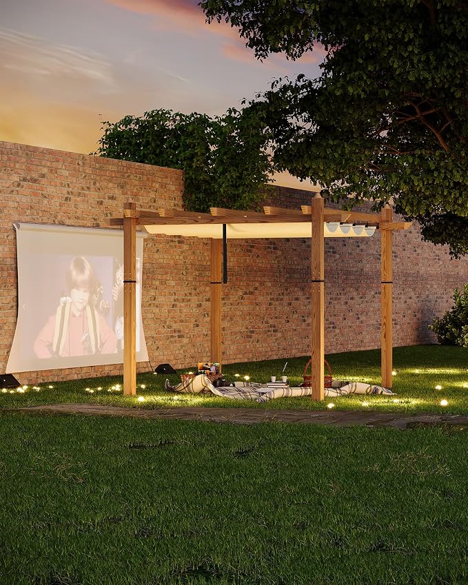 10x10 Ft Outdoor Pergola with Retractable Canopy Aluminum Imitation Wood Grain - Image 7