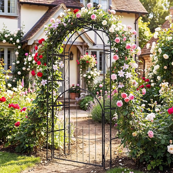 Giantex 84'' Garden Arbor with Gate, Heavy-Duty Metal Arch Trellis - Image 2