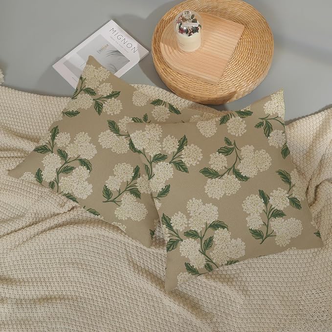 Beige Spring Pillow Covers 22x22 Inch 2 Pcs Khaki Green Hydrangea Flower Decor - Image 5