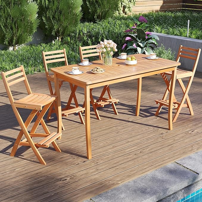 Tangkula Patio Folding Barstool, Outdoor Portable High Top Acacia Wood Bar - Image 4