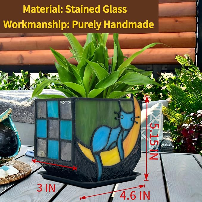 Tiffany Stained Glass Unique Moon Sleeping Blue Cat Planter, Indoor Plant Pots - Image 3