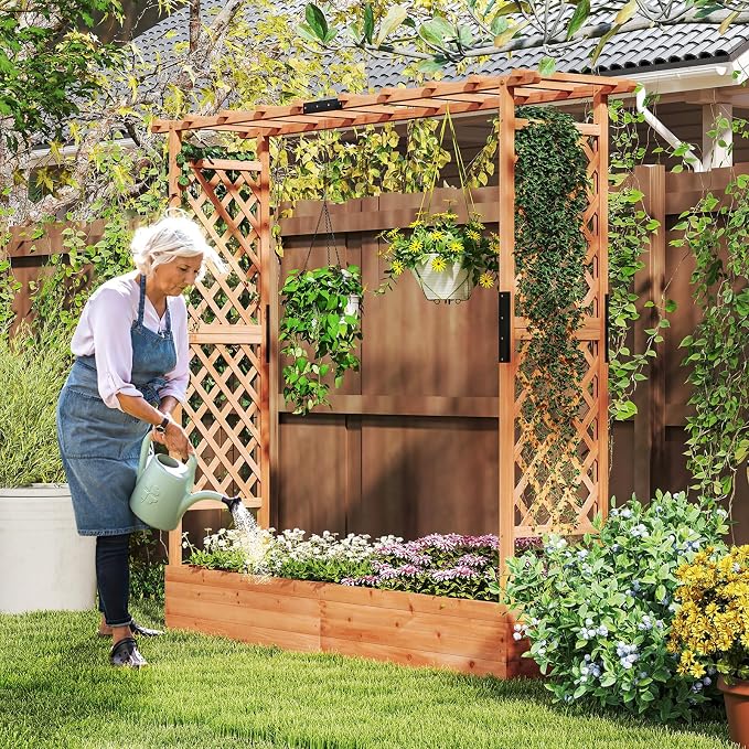 Giantex Raised Garden Bed with Trellis & Hanging Roof, Wood Planter Box with - Image 4