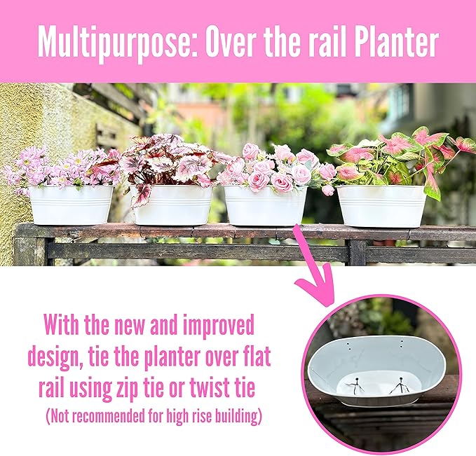 LaLaGreen Rail Planter Outdoor Plants White Metal Iron Hanging Flower Pots Deck - Image 6