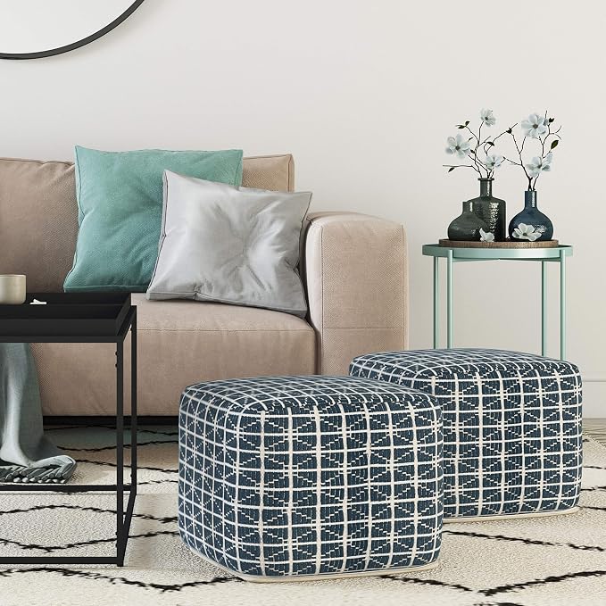 SIMPLIHOME Noreen Boho Square Pouf in Dark Blue and White Handloom Woven Pattern - Image 3
