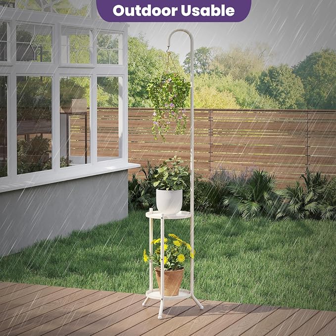 2-Tier Metal Plant Stand with Hanging Hook, Indoor Outdoor Plant Shelf - Image 3